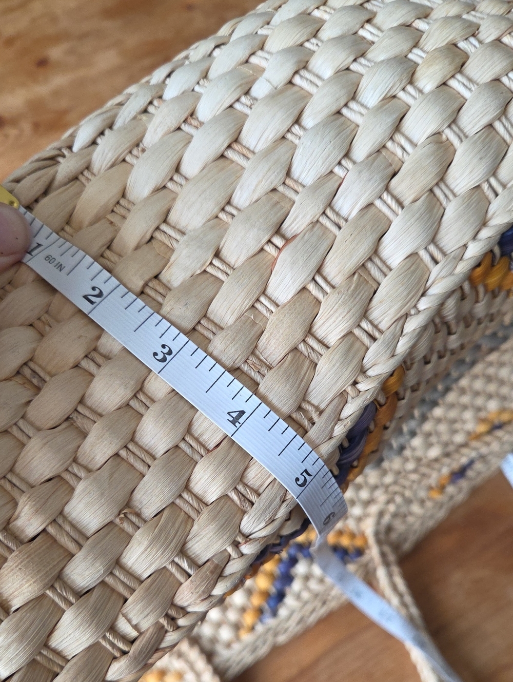 Woven Straw Tote Bag Blue Mustard Geometric Beach Vintage Style - Picture 9 of 14